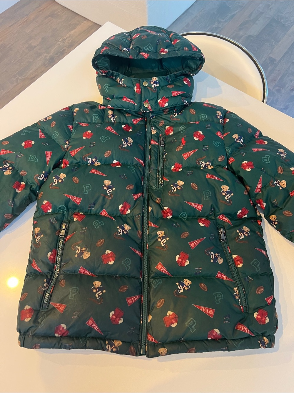 POLO by Ralph Lauren football bear print green blue red puffer hooded jacket L